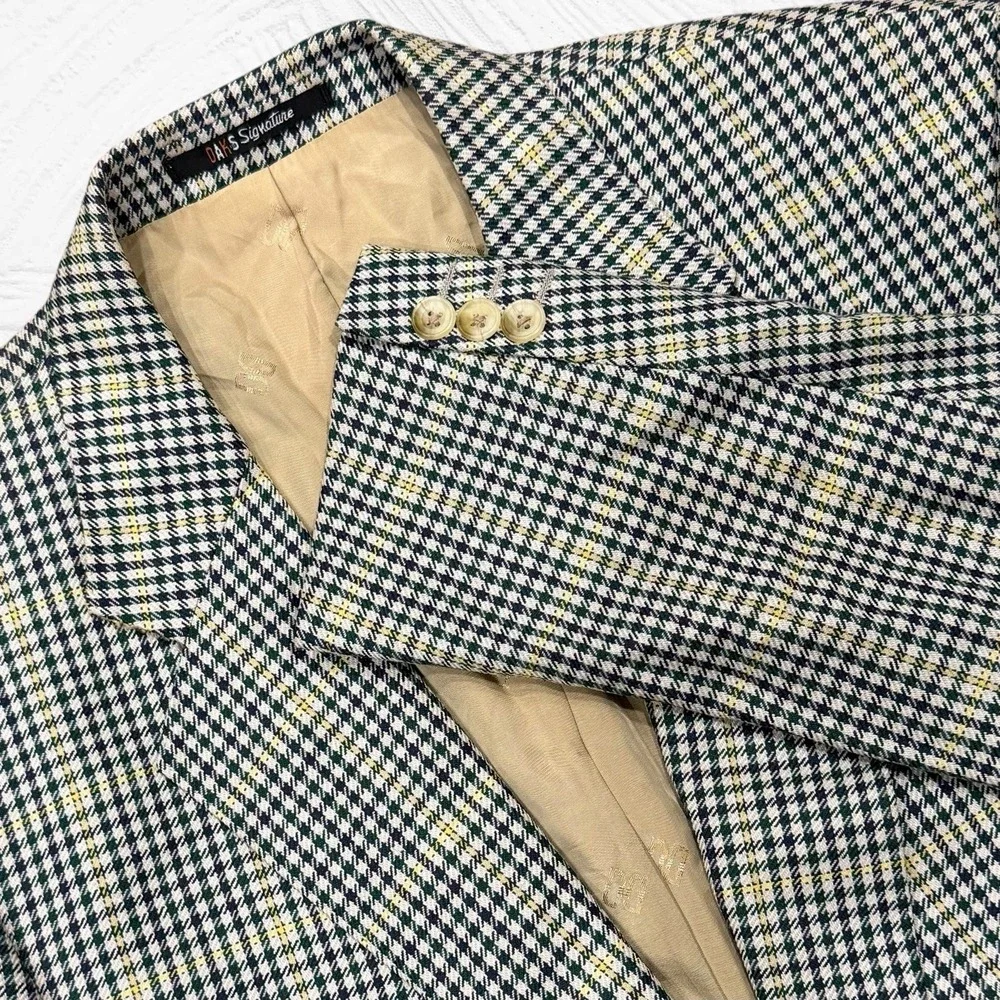 Daks London Blazer Men 42R Green Blue Cream Check Wool‎ Silk 3 Roll 2 Windowpane